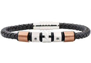 Men's Brown Leather And Chocolate Stainless Steel Bracelet With Brown Cubic Zirconia