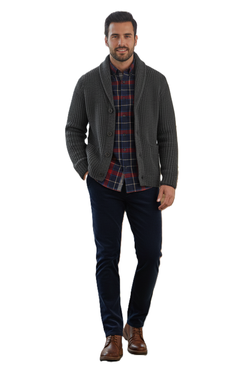 Long Sleeve Sport Shirt, 100% Organic Cotton, Navy Plaid