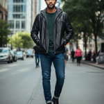 Load image into Gallery viewer, Men&#39;s Genuine Leather Jacket with Removable Herringbone Pattern Hood
