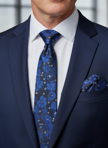 Blue Floral  Silk Tie & Pocket Square Set