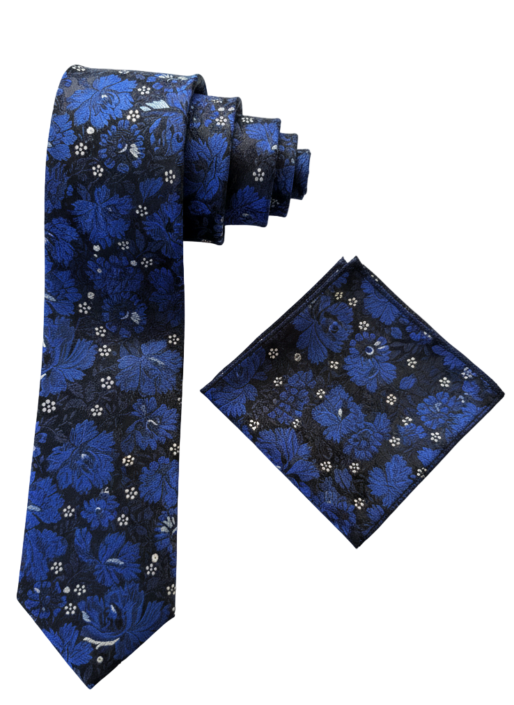 Blue Floral  Silk Tie & Pocket Square Set