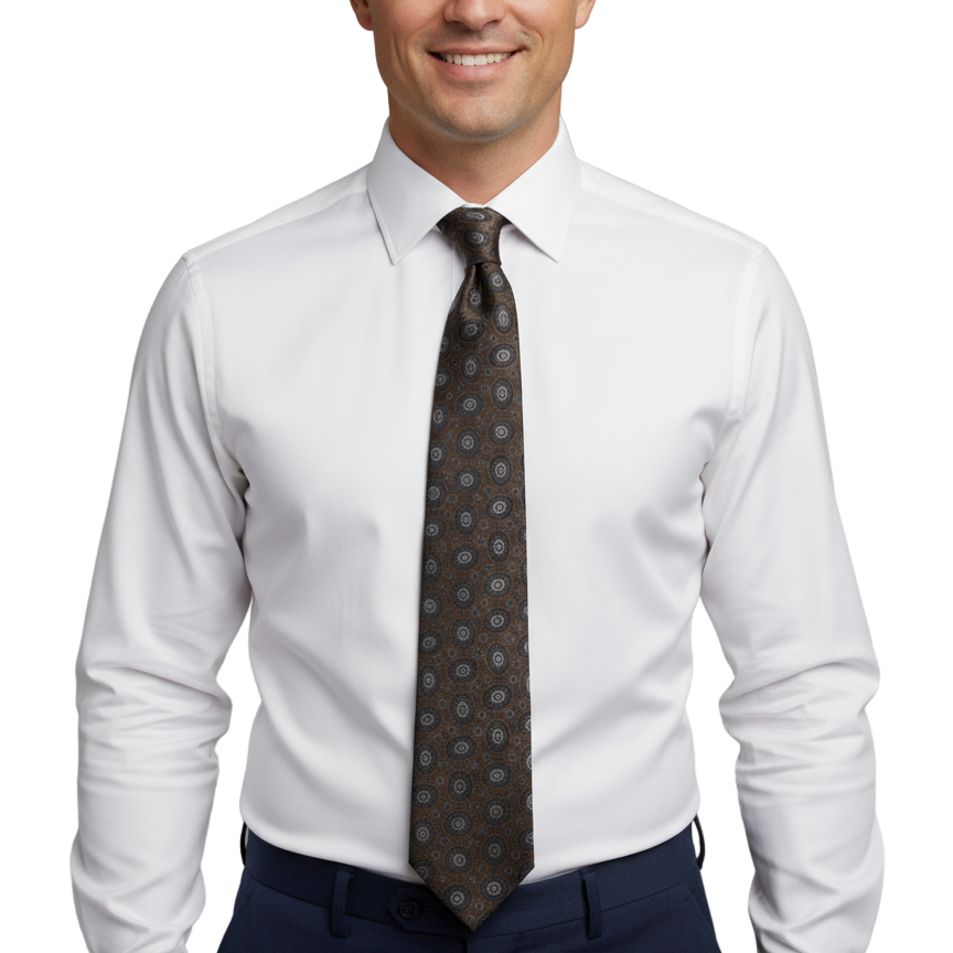 Brown Geometric-Patterned Silk Tie