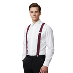 Load image into Gallery viewer,  Burgundy 1.5" Wide  suspenders with silver clips and an X-back design.

