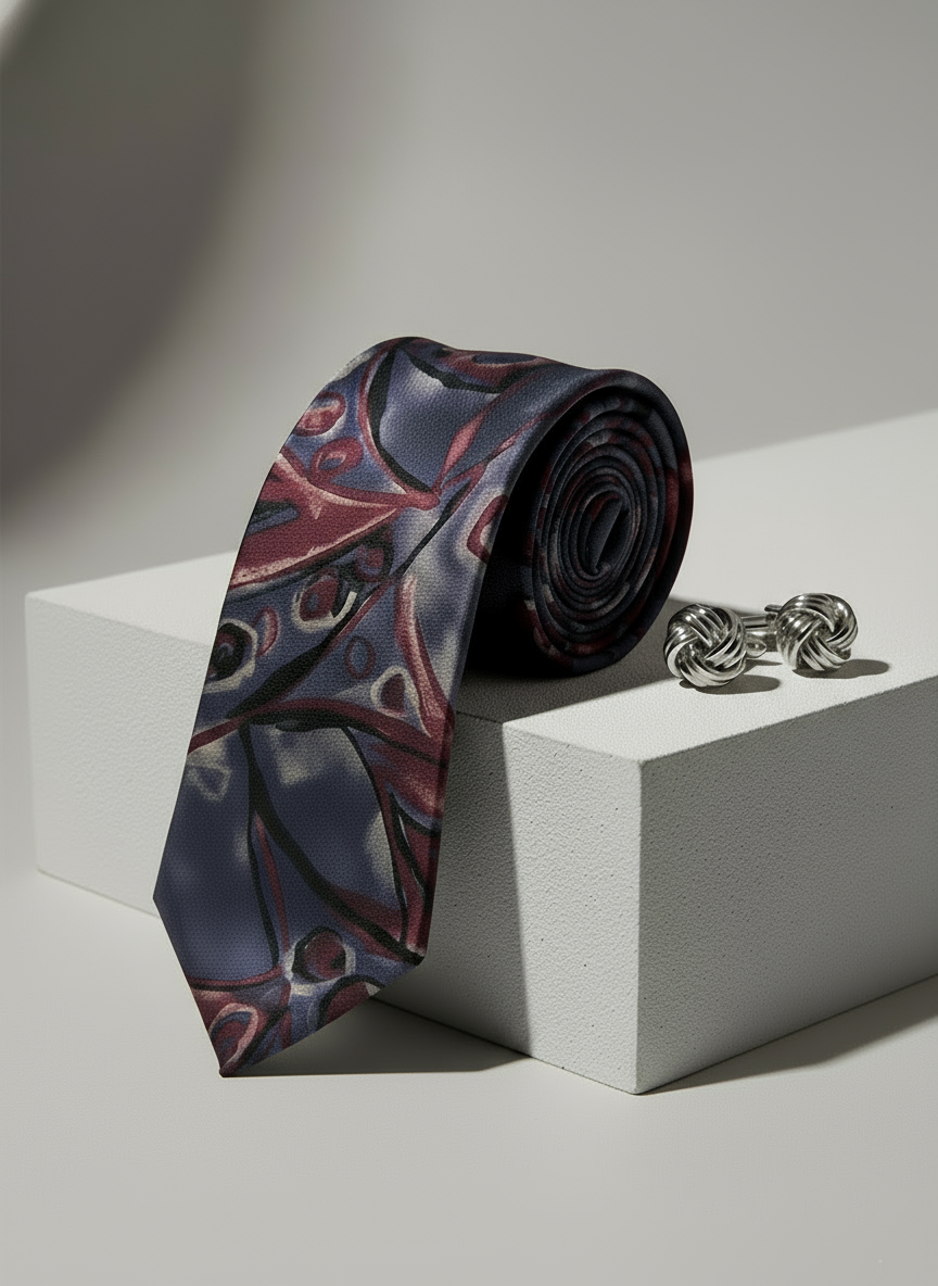 Burgundy and Blue Abstract-Patterned Silk Tie