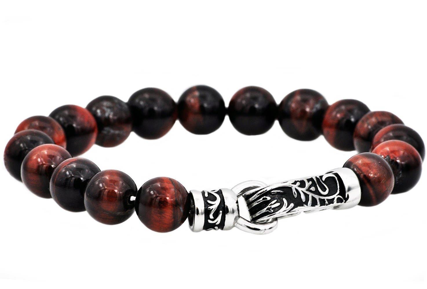 Men's Genuine Red Tiger Eye Stainless Steel Beaded Bracelet