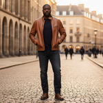 Charger l'image dans la galerie, Premium cognac leather jacket for men crafted from genuine sheepskin. Features full-length front zip for versatile layering and functional pockets. This timeless men's leather jacket combines sophisticated style with rugged appeal—perfect for casual or dressed-up occasions. A classic wardrobe essential that delivers durability and refined edge.

