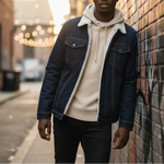 Charger l'image dans la galerie, Our Model is wearing a a denim, sherpa lined jacket, 
