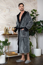 Load image into Gallery viewer, Mens Soft Plush Robe - Hooded Men Fleece Spa Bathrobe
