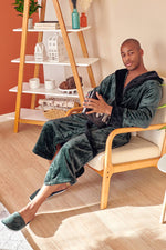 Load image into Gallery viewer, Mens Soft Plush Robe - Hooded Men Fleece Spa Bathrobe
