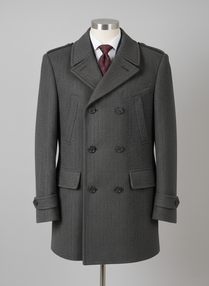 Slim Fit Charcoal Herringbone Overcoat