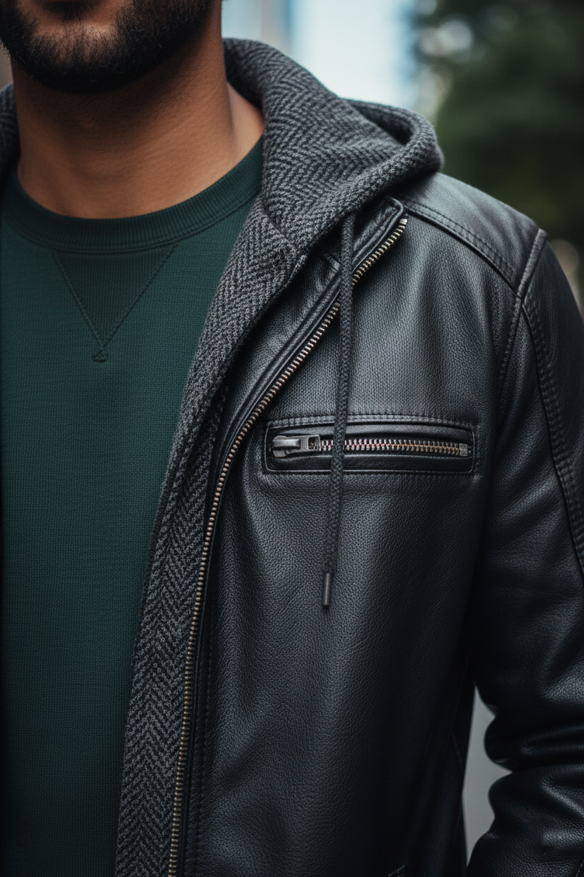 Men's Genuine Leather Jacket with Removable Herringbone Pattern Hood
