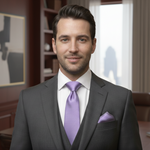 Load image into Gallery viewer, Man wearing a charcoal 3-piece suit with white dress shirt and a lilac pindot silk tie and pocket square
