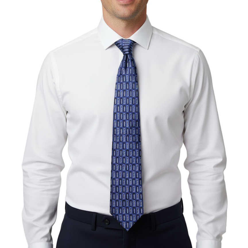 Blue Geometric-Patterned Silk Tie