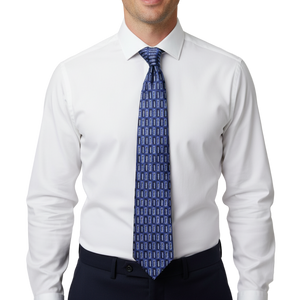 Blue Geometric-Patterned Silk Tie