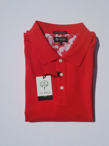 Red polo shirt. Mercerized cotton with a floral print inside 