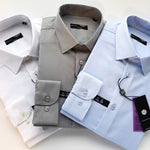 Load image into Gallery viewer, 3 long sleeve slim fit dress shirts in 3 different colors. Semi spread collars with 1/4 inch stitch 100% cotton dress shirts  
