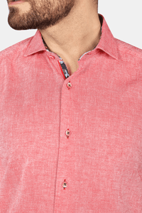 Red linen short sleeve sport shirt. Contrasting collar and sleeve when flipped.