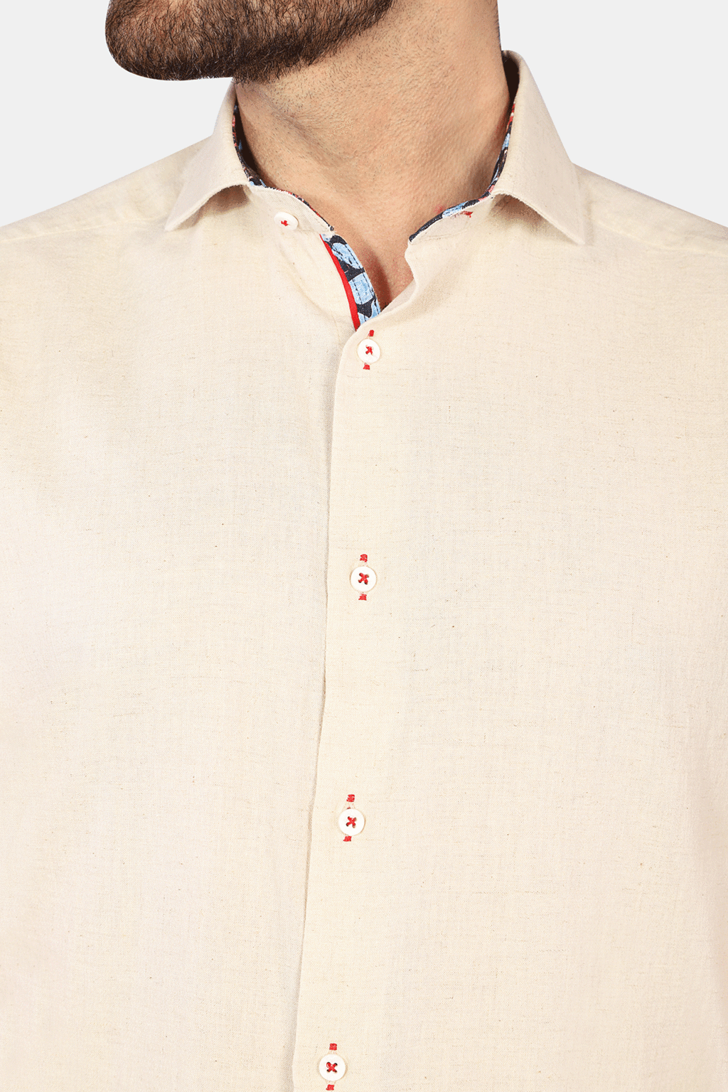 Beige linen short sleeve sport shirt. Contrasting collar and sleeve when flipped. 