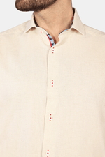 Load image into Gallery viewer, Beige linen short sleeve sport shirt. Contrasting collar and sleeve when flipped. 
