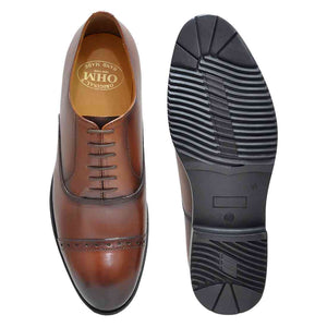 Cap toe oxford with brogue perforation with leather upper, leather lining and rubber sole. This is business executive leather shoe which is Original Hand Made also on premium quality leather. Style is for all office meeting or any marriage party. Style features unique finish for unrivaled urban style. Comfort sole makes the shoe to wear all day long. Fits true to size, order usual size.