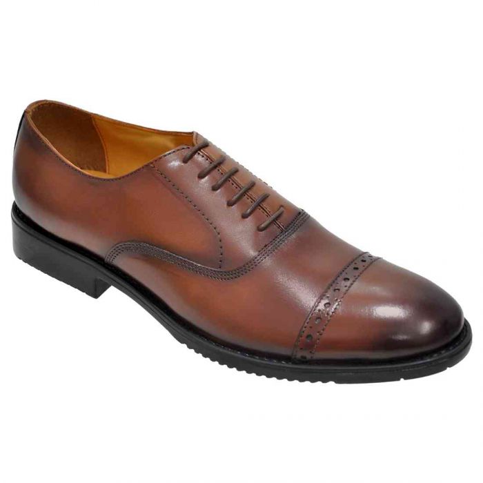 Cap toe oxford with brogue perforation with leather upper, leather lining and rubber sole. This is business executive leather shoe which is Original Hand Made also on premium quality leather. Style is for all office meeting or any marriage party. Style features unique finish for unrivaled urban style. Comfort sole makes the shoe to wear all day long. Fits true to size, order usual size.