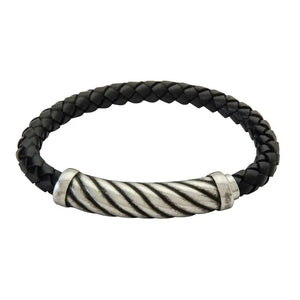 Black Leather & Stainless Steel Integrated Bracelet