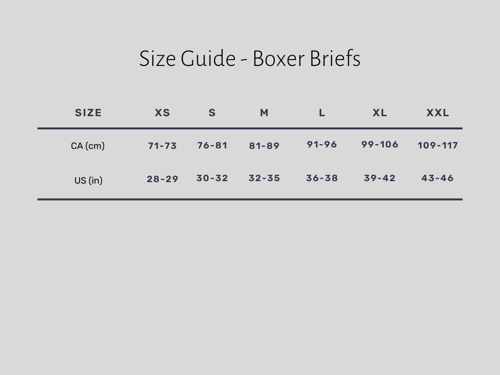 Journey Boxer Briefs Size Guide Exra Small to Double Extra Large