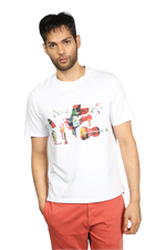 Charger l'image dans la galerie, Man wearing white short sleeve cotton crew neck t-shirt with musical instrument graphic on chest
