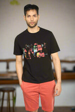 Charger l'image dans la galerie, Man wearing black short sleeve cotton crew neck t-shirt with musical instrument graphic on chest
