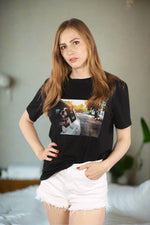 Charger l'image dans la galerie, Woman wearing a black cotton t-shirt with french bull dog puppy,  his face out a car window, graphic

