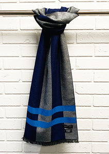 Men's business casual scarf, black, grey blue stripe