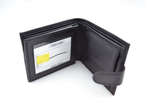 Men’s Genuine Leather bi-fold wallet with 6 credit card slots, 1 ID holder, 2 bill compartments, coin pocket and snap closure. Measures H – 3½”,  L – 4 ½” Closed