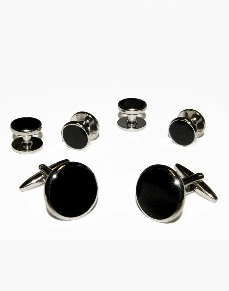 Black Circular Enamel with Silver Trim Studs & Cufflinks Set