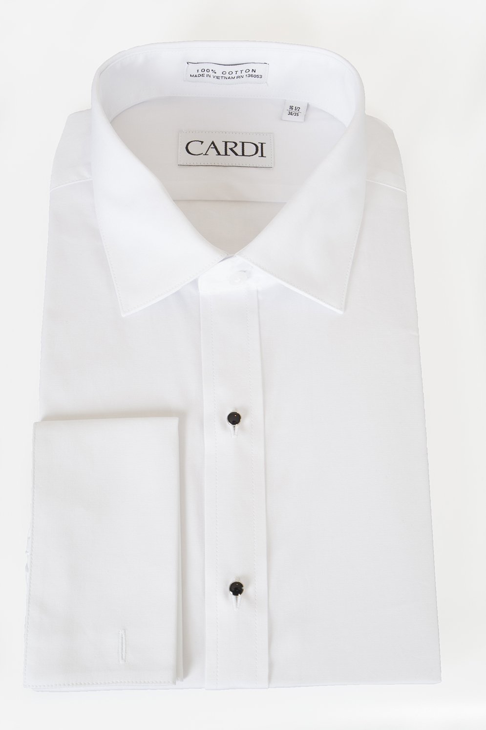 White tuxedo shirt. Flex fit spread collar. Stitch break resistant buttons. French cuffs