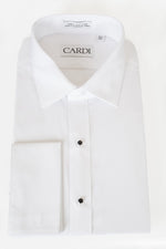Load image into Gallery viewer, White tuxedo shirt. Flex fit spread collar. Stitch break resistant buttons. French cuffs
